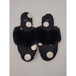 Victorias Secret Slippers Shoes Size 5/6 Satin Faux Fur Trim Polka Dot
